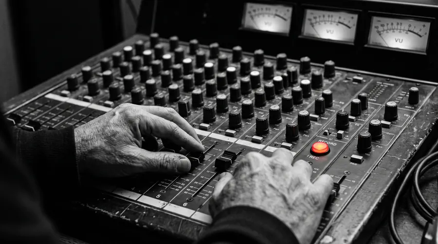 Mains d'un ingénieur du son sur les faders d'une console, bouton d'enregistrement allumé